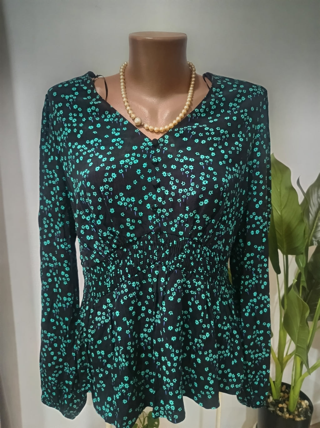 Bluză navy floricele turcoaz M&S față