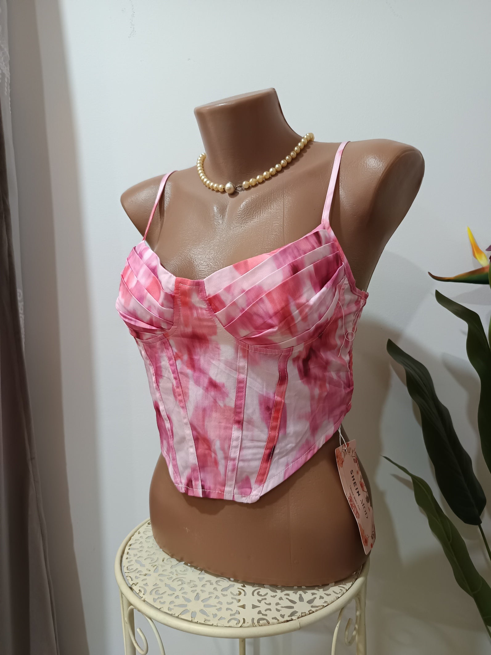 Top corset roz floral Shein față