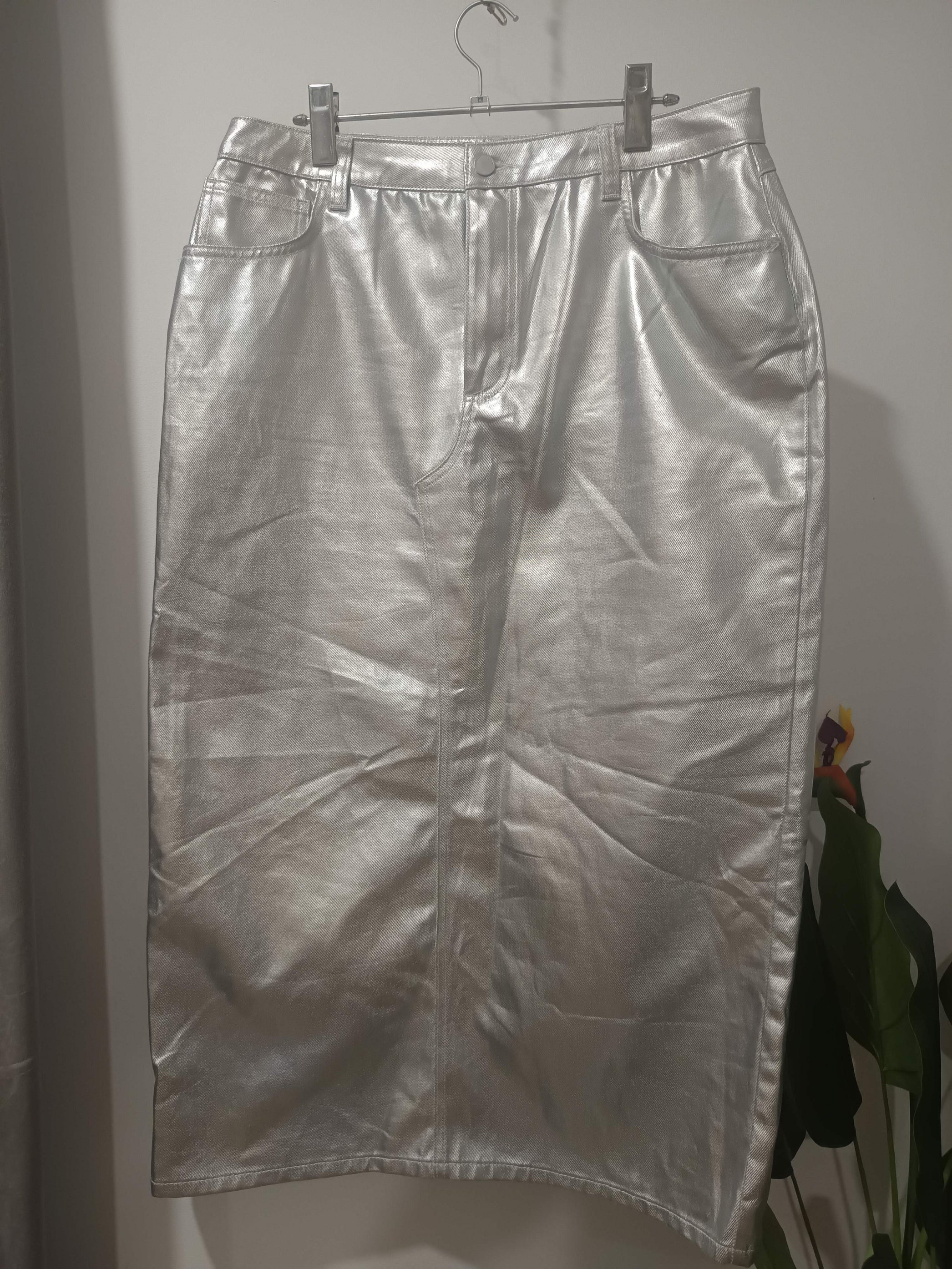 Fustă midi metalică argintie Mint Velvet - față
