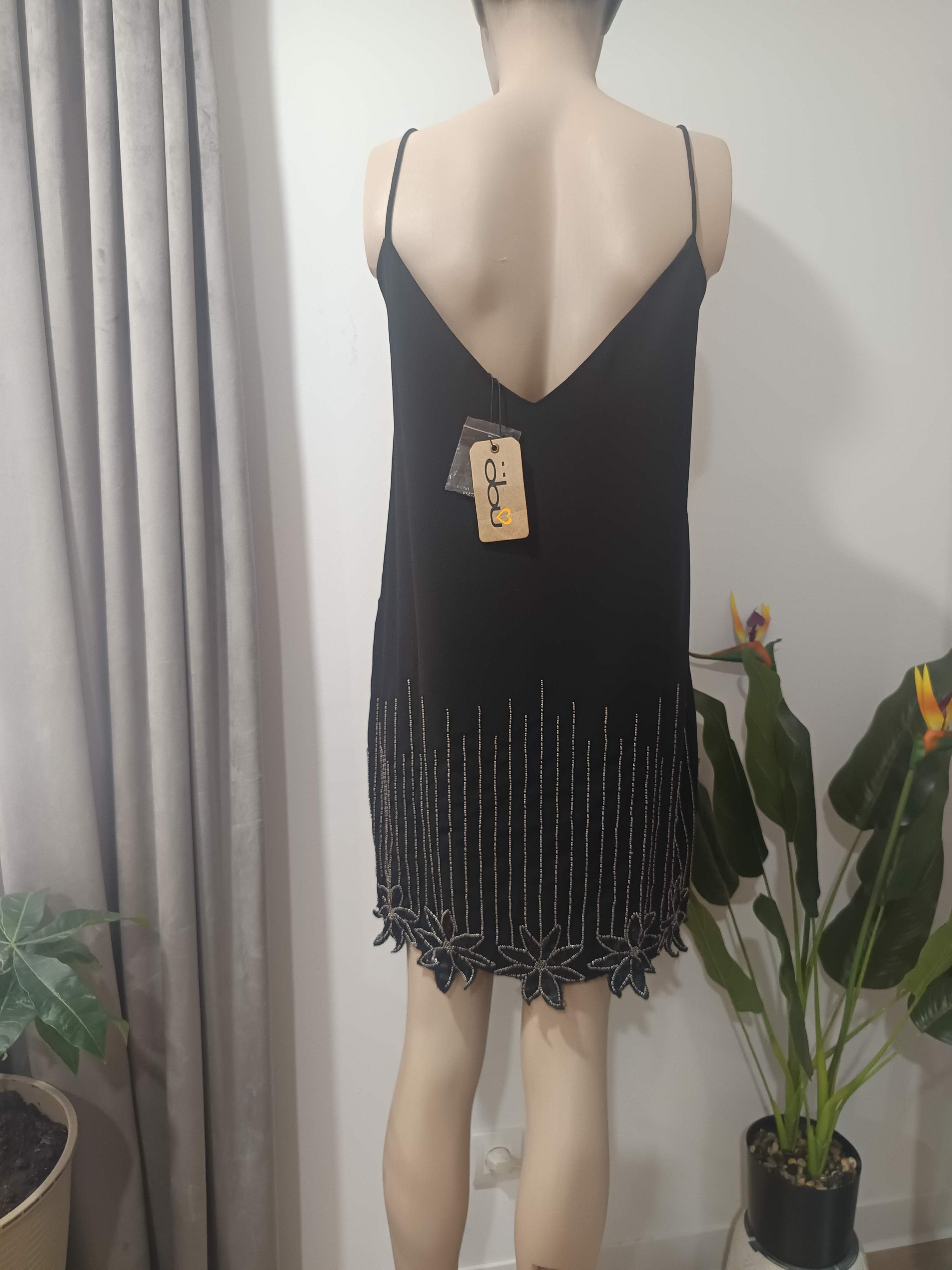 Rochie slip neagră broderie florală mărgele OBU - spate