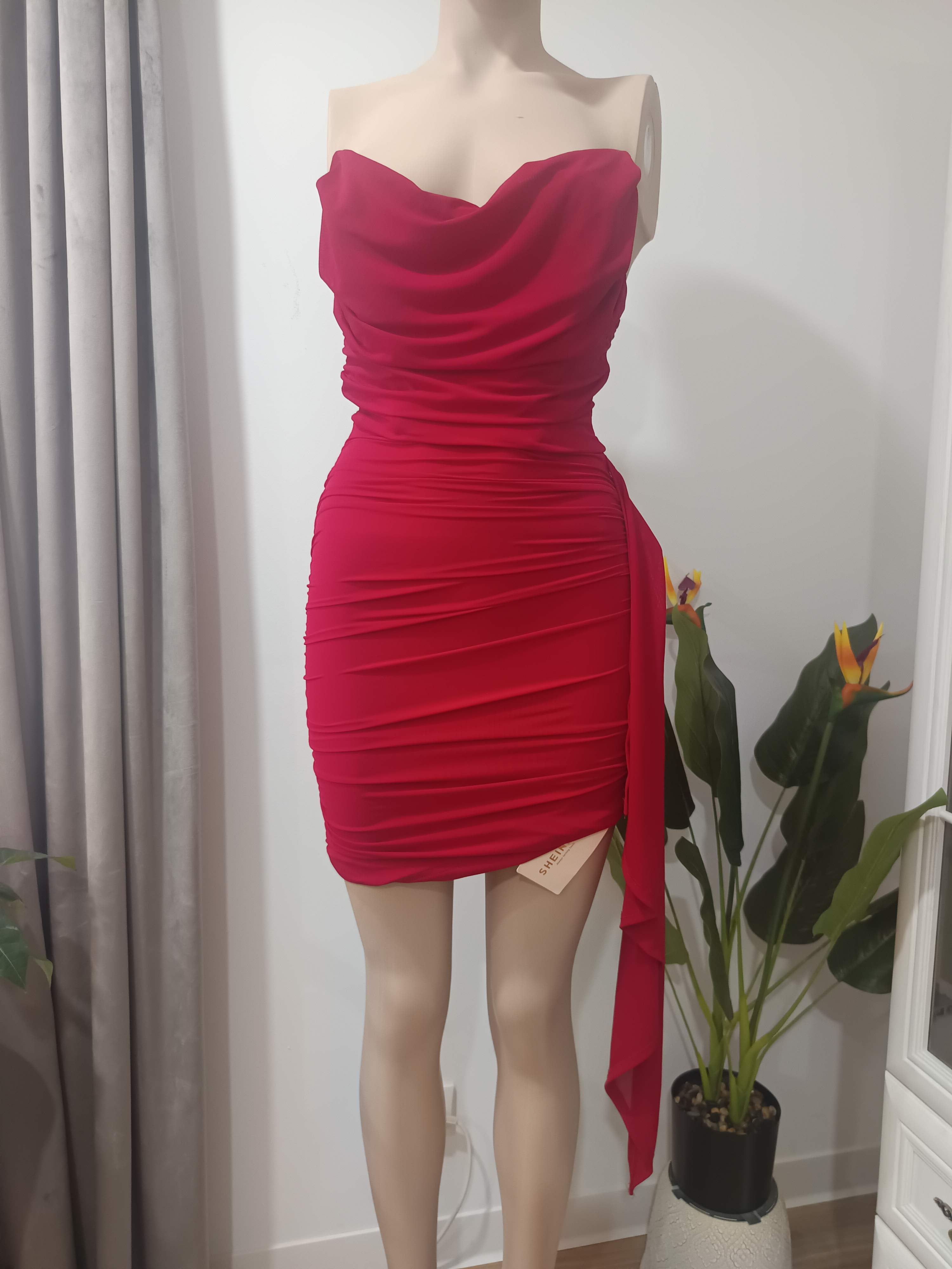 Rochie mini roșie strapless ruched Shein - față