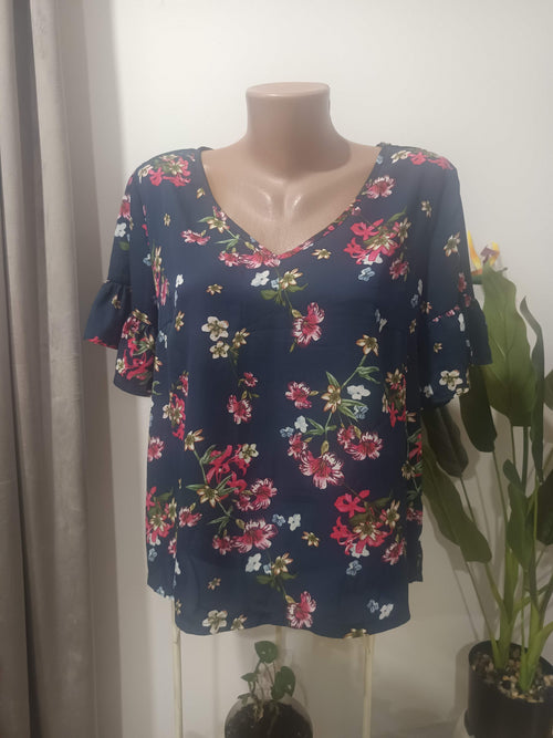 Bluza florală bleumarin mâneci clopot - față