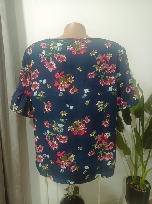 Bluza florală bleumarin mâneci clopot - spate