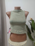 Crop top denim verde kaki guler înalt PrettyLittleThing - față