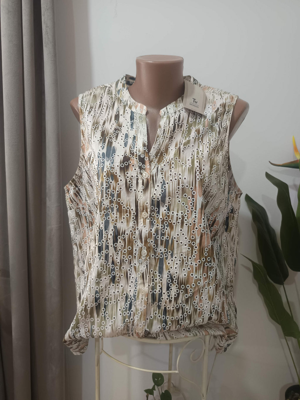 Bluza fără mâneci bej print geometric cercuri TU Woman - față