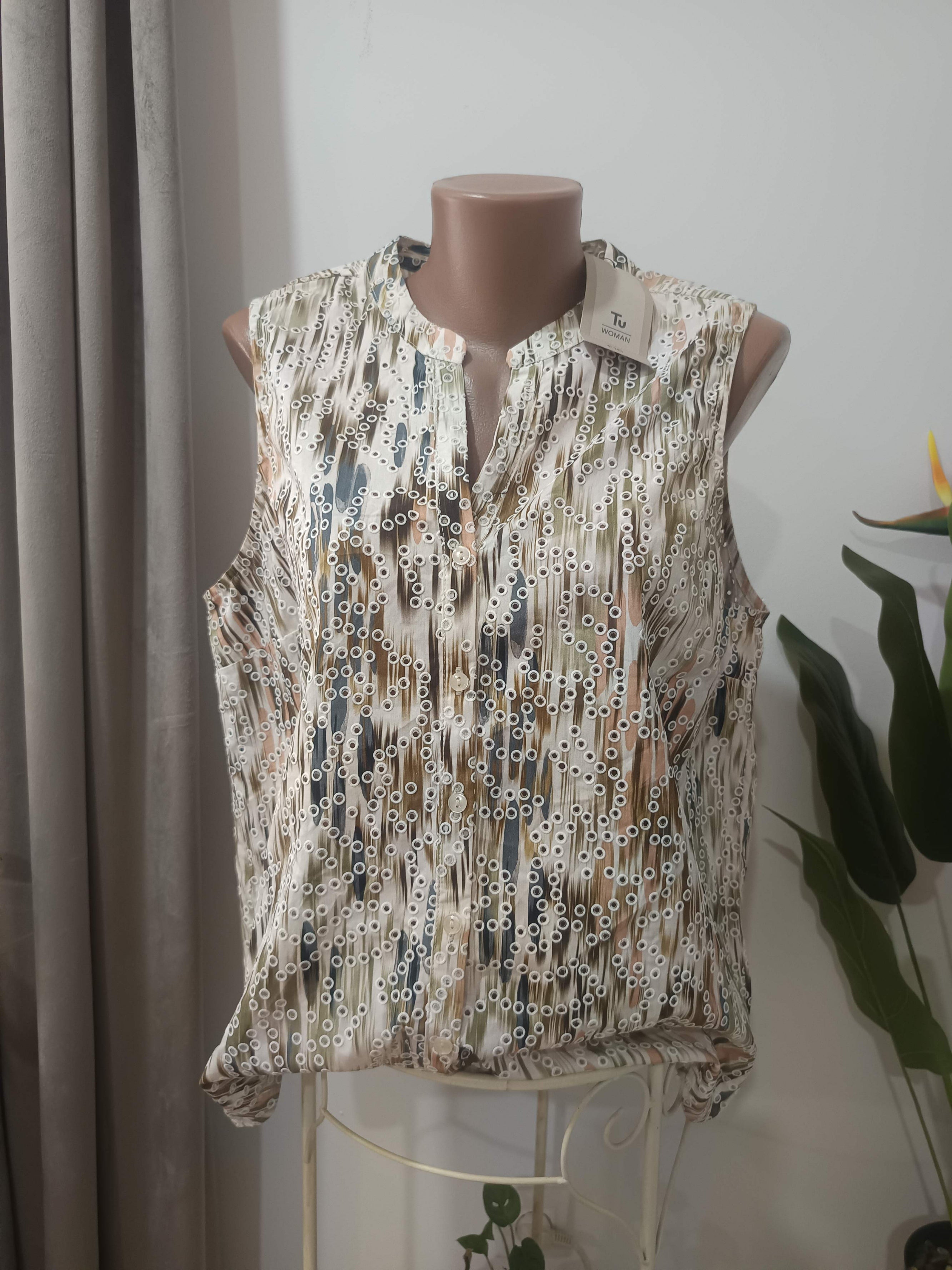 Bluza fără mâneci bej print geometric cercuri TU Woman - față