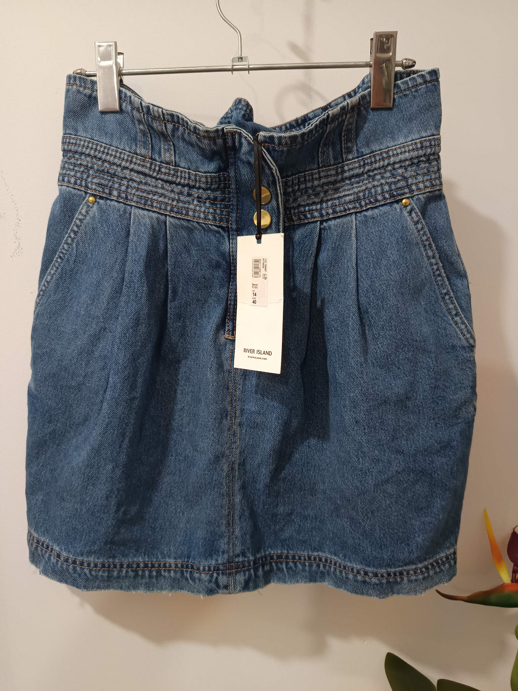 Fustă denim mini albastru talie înaltă River Island - față