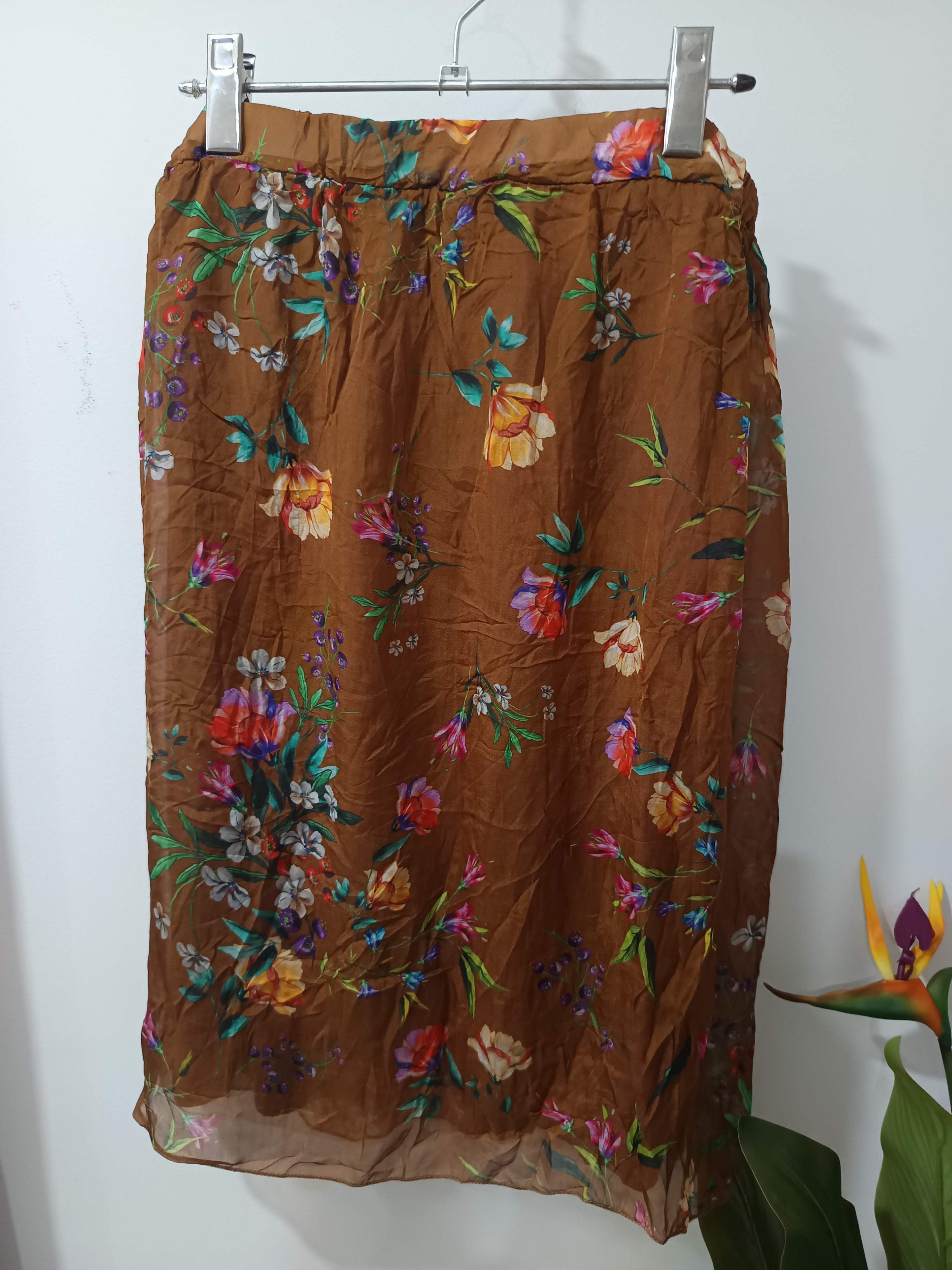 Fustă midi șifon maro caramel print floral Angela Moda - spate