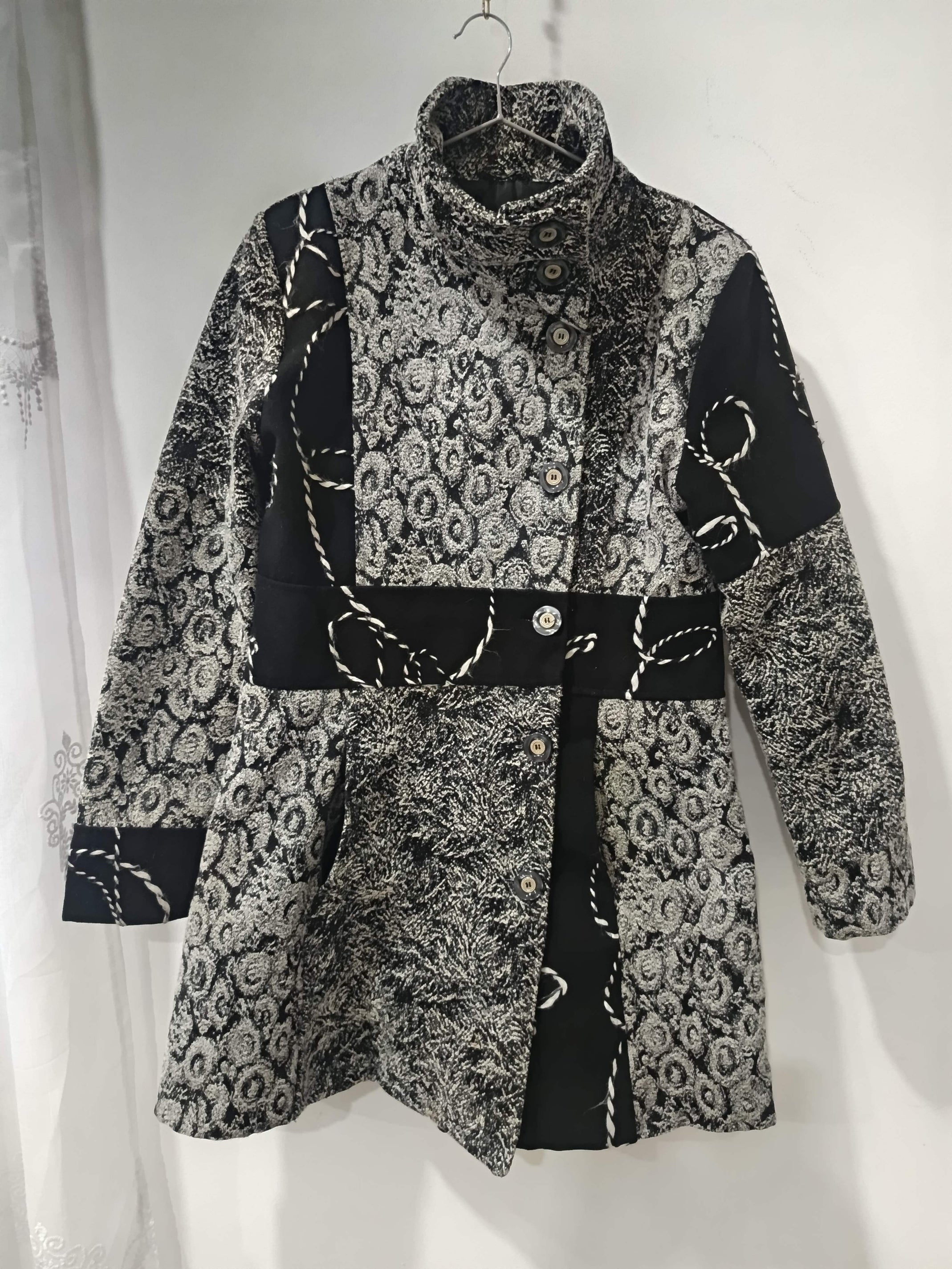 Palton Brocart Patchwork Negru-Argintiu
