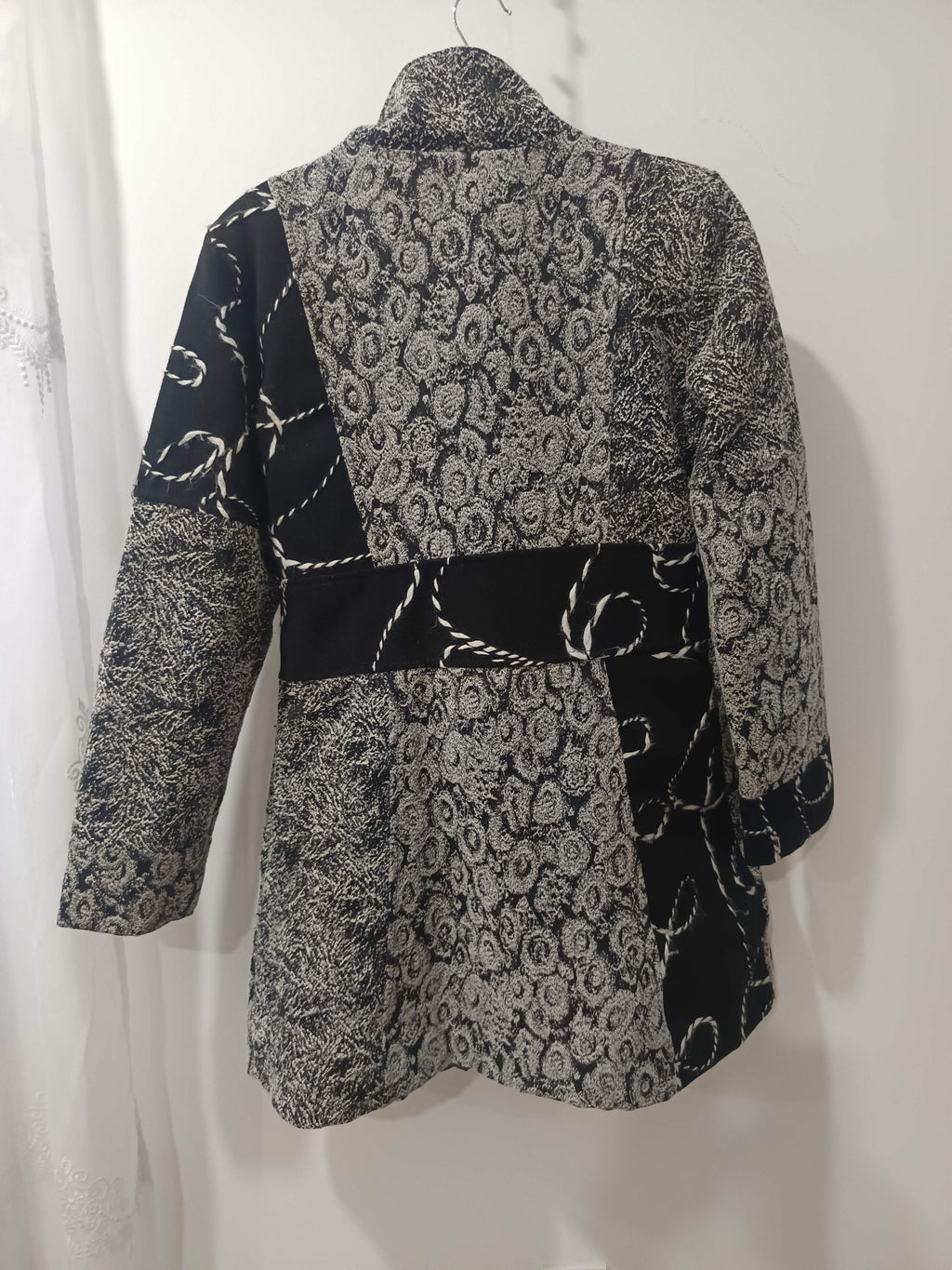 Palton Brocart Patchwork Negru-Argintiu