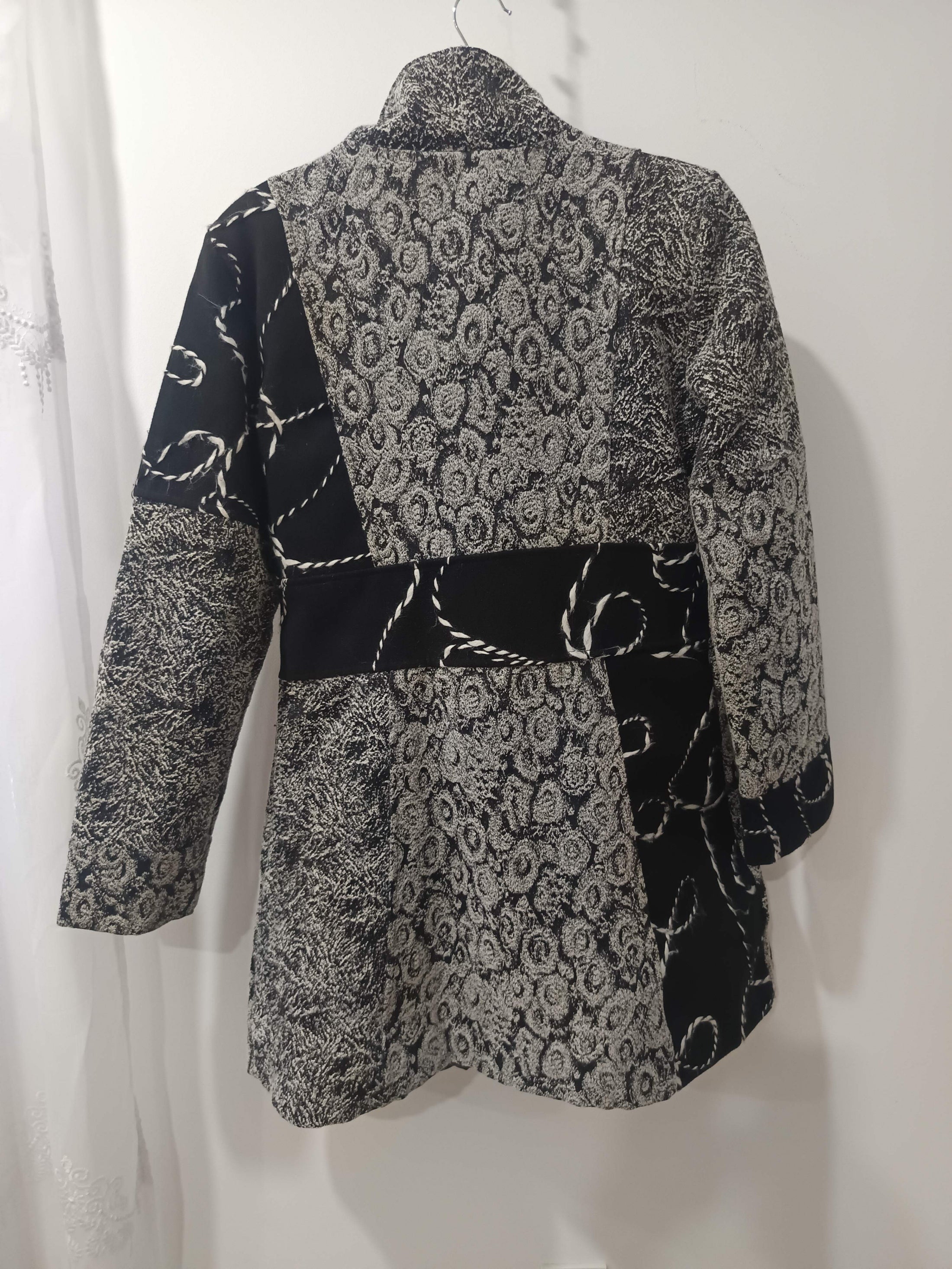 Palton Brocart Patchwork Negru-Argintiu