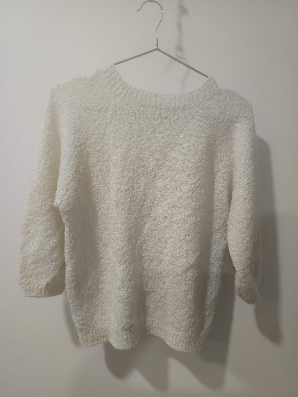 Pulover tricotat alb crem bouclé lurex glitter boxy spate