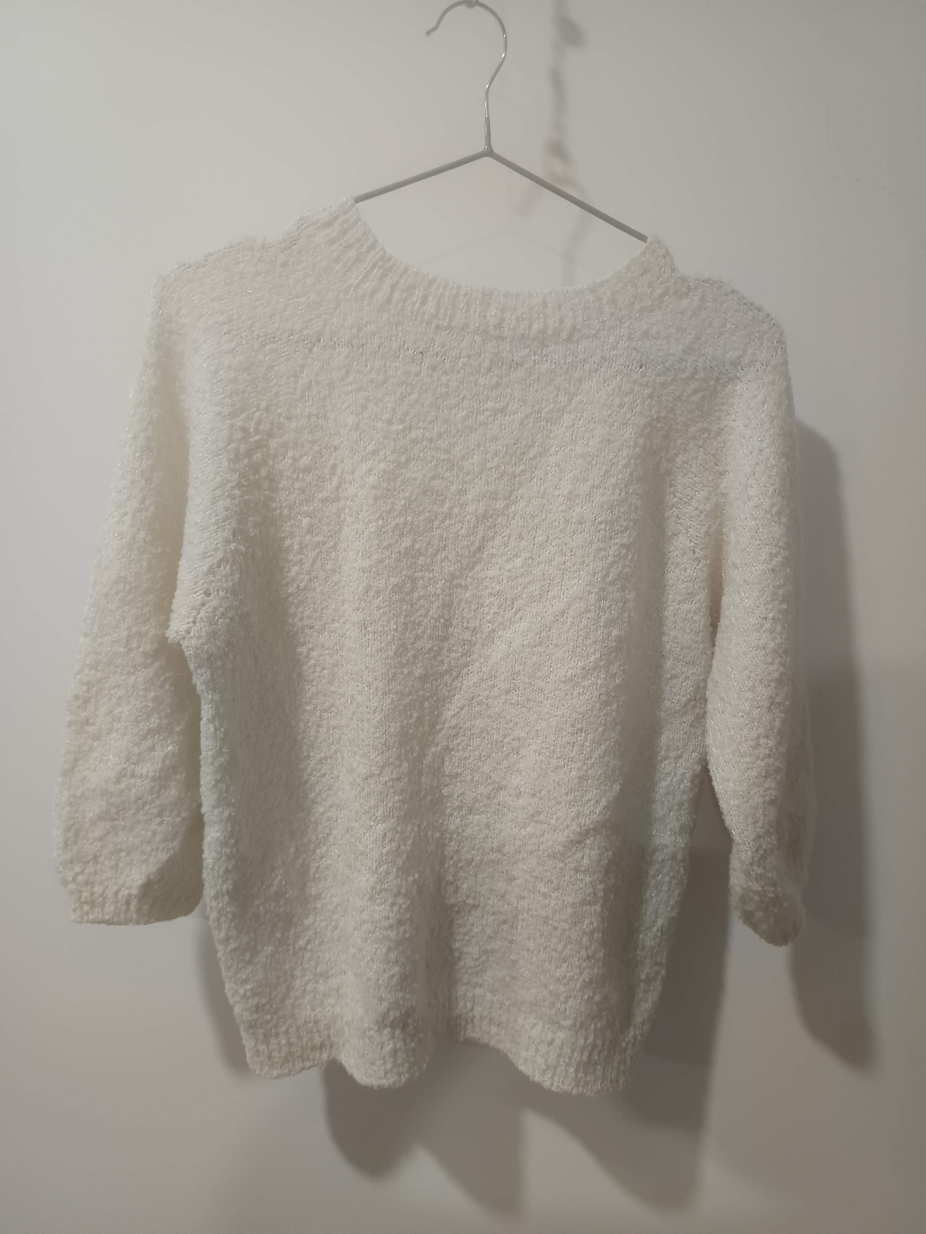 Pulover tricotat alb crem bouclé lurex glitter boxy spate