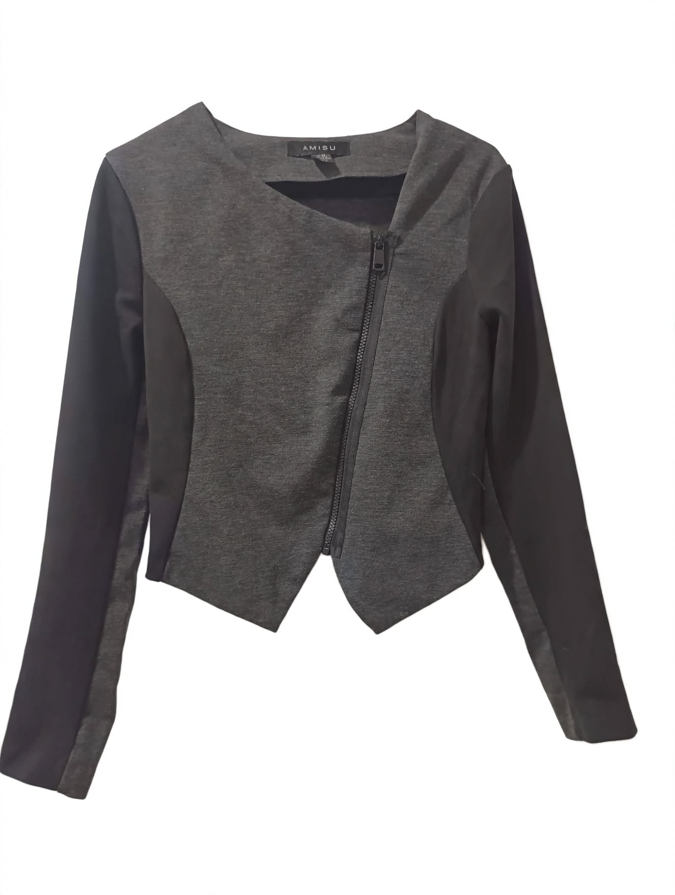 Blazer Bicolor Gri-Negru Fermoar Diagonal Asimetric Amisu