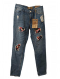 Jeans Boyfriend Albastru cu Patch-uri Florale Brodate