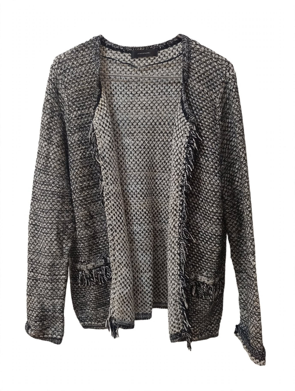 Cardigan Tricotat Negru-Alb Melanj cu Franjuri Atmosphere