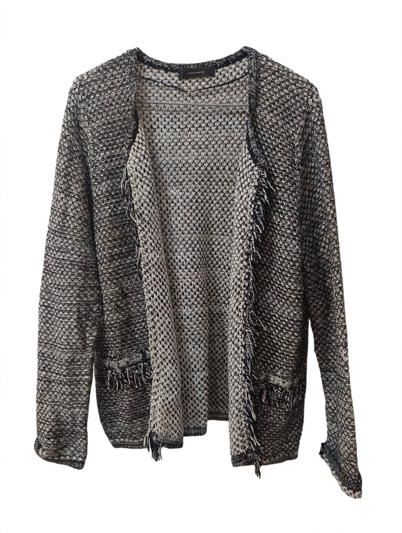 Cardigan Tricotat Negru-Alb Melanj cu Franjuri Atmosphere