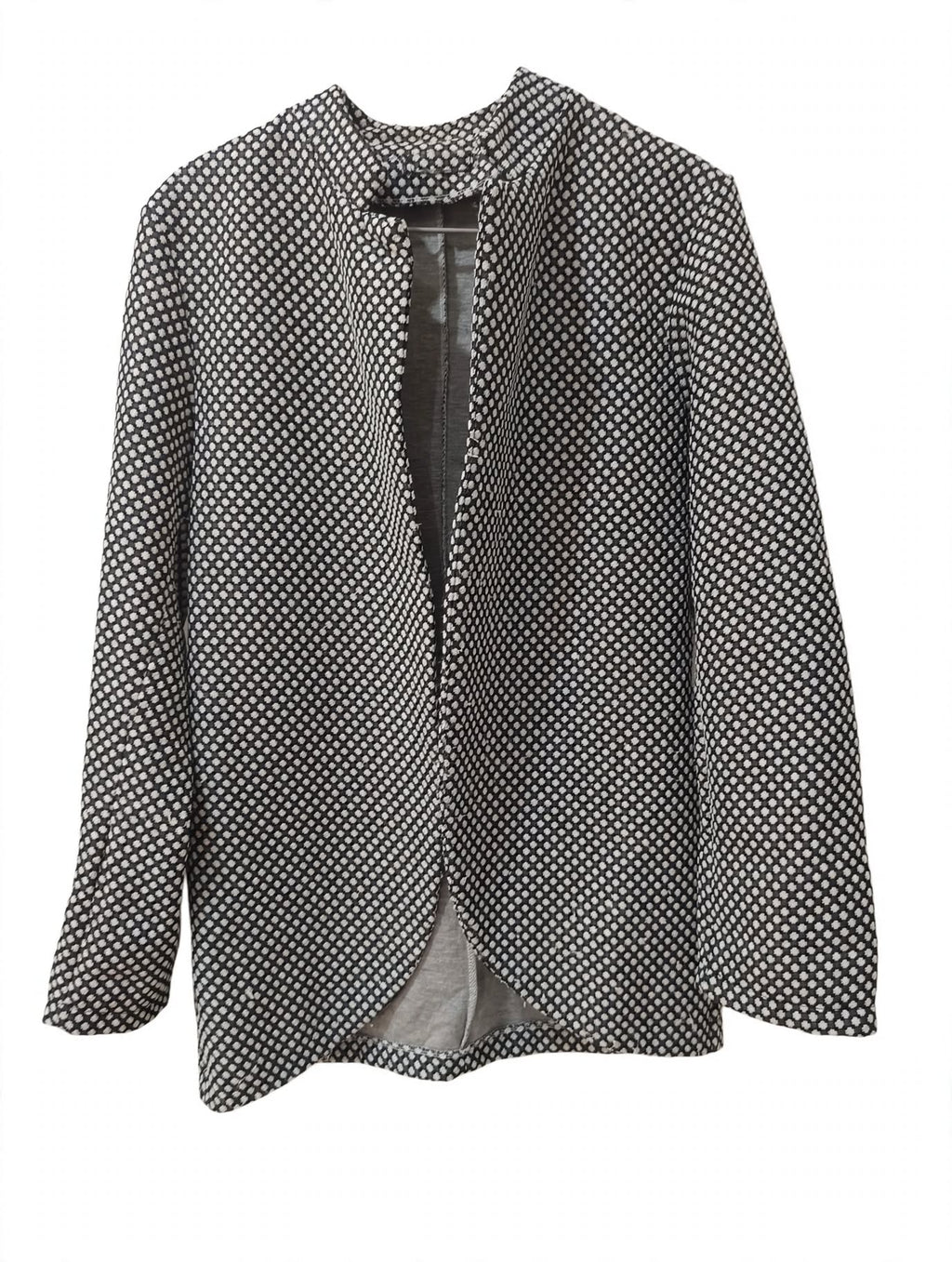 Blazer Fără Guler Negru cu Imprimeu Geometric Alb