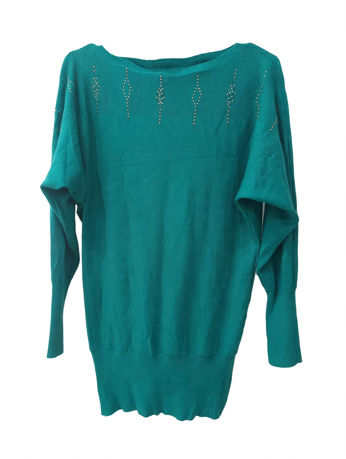 Pulover Tricotat Verde Turcoaz Strasuri Batwing – Mărimea S/M